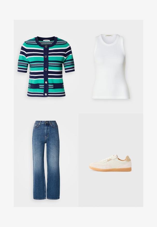 Cardigan à manches courtes en rayures bleues, vertes et blanches. Dispose de cinq boutons, d'un col côtelé et de poches à l'avant.; Débardeur blanc côtelé sans manches avec encolure ronde, coupe ajustée et étiquette de la marque Scotch & Soda à l'intérieur du col.; Jeans en denim bleu à taille haute et jambes larges avec un lavage dégradé, des coutures cuivrées, une fermeture à bouton à l'avant et cinq poches.; Baskets beige clair avec une combinaison de textures lisses et en daim, dotées de lacets, de semelles en caoutchouc et d'un accent au talon marron.