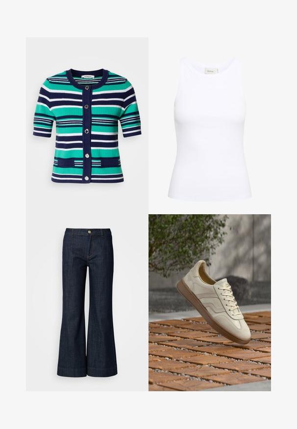 Cárdigan de manga corta a rayas en azul, verde y blanco. Presenta cinco botones, cuello acanalado y bolsillos en la parte delantera.; Top sin mangas de canalé blanco con escote redondo. Tejido elástico y diseño ajustado. La etiqueta en la parte posterior dice "GESTUZ."; Jeans de mezclilla de lavado oscuro con un diseño acampanado, que cuentan con cierre de botón, costuras naranjas y dobladillos vueltas. Textura suave y estilo clásico.; Zapatilla de color crema con suela de goma beige texturizada, diseño con cordones y sutiles detalles de marca en el lateral. Parte superior de cuero liso.