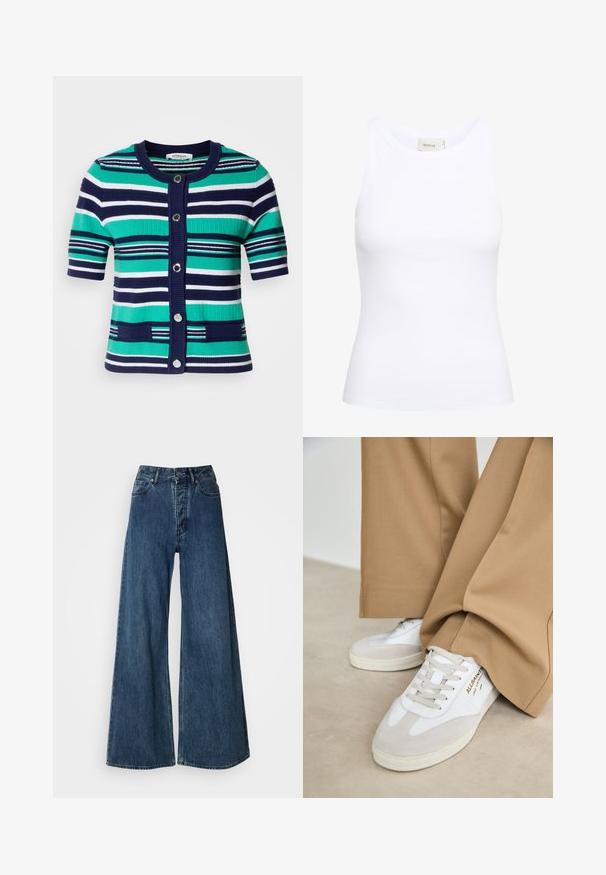 Cardigan à manches courtes en rayures bleues, vertes et blanches. Dispose de cinq boutons, d'un col côtelé et de poches à l'avant.; Débardeur blanc côtelé avec un col rond et sans manches. Tissu extensible et design ajusté. Étiquette au dos indiquant "GESTUZ."; Jeans en denim à jambes larges bleu foncé, avec une taille haute, un design à cinq poches et des coutures contrastées. Tissu classique et durable.; Baskets blanches avec des accents en daim, des lacets texturés et une semelle en caoutchouc. Associées à un pantalon beige ample. Logo affiché sur le côté.
