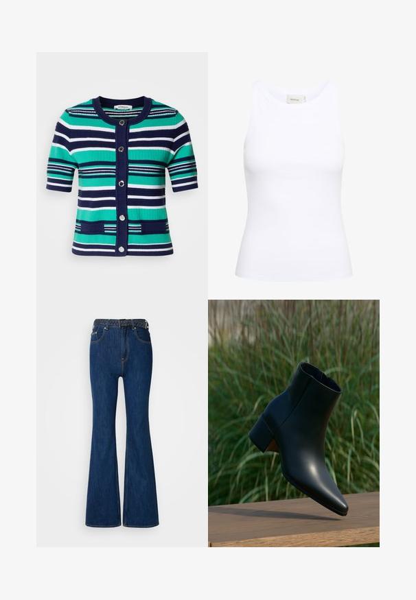 Cárdigan de manga corta a rayas en azul, verde y blanco. Presenta cinco botones, cuello acanalado y bolsillos en la parte delantera.; Top sin mangas de canalé blanco con escote redondo. Tejido elástico y diseño ajustado. La etiqueta en la parte posterior dice "GESTUZ."; Vaqueros de mezclilla azules con campana y cintura alta, costuras en contraste y un cinturón tejido con un diseño trenzado. Textura suave y estilo clásico.; Botín negro de cuero con tacón bloque, punta puntiaguda, exhibido sobre superficie de madera con fondo borroso de césped verde.