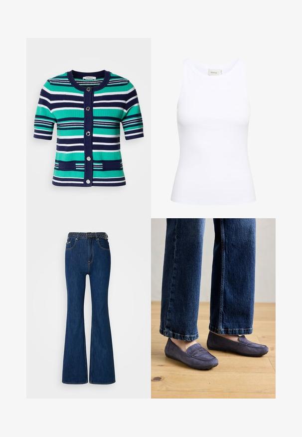 Cárdigan de manga corta a rayas en azul, verde y blanco. Presenta cinco botones, cuello acanalado y bolsillos en la parte delantera.; Top sin mangas de canalé blanco con escote redondo. Tejido elástico y diseño ajustado. La etiqueta en la parte posterior dice "GESTUZ."; Vaqueros de mezclilla azules con campana y cintura alta, costuras en contraste y un cinturón tejido con un diseño trenzado. Textura suave y estilo clásico.; Mocasines de ante púrpura con un detalle de costura y suela de goma plana, combinados con vaqueros de pierna ancha de color azul, mostrando un estilo casual sobre un suelo de madera.