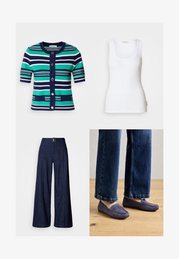 Cárdigan de manga corta a rayas en azul, verde y blanco. Presenta cinco botones, cuello acanalado y bolsillos en la parte delantera.; Camiseta sin mangas blanca con canalé, escote redondo y tirantes anchos. Presenta una etiqueta con el logo en el dobladillo lateral. Hecha de tela suave y elástica.; Vaqueros de pierna ancha en denim oscuro con costuras naranjas contrastantes, dos bolsillos delanteros y cierre de doble botón en la cintura.; Mocasines de ante púrpura con un detalle de costura y suela de goma plana, combinados con vaqueros de pierna ancha de color azul, mostrando un estilo casual sobre un suelo de madera.