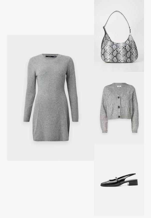 Grijze gebreide cardigan met een V-hals, voorzien van een kabelbreipatroon, lange mouwen en drie zwarte knopen aan de voorkant. Korte pasvorm.; Grijs geribbeld gebreid jurk met lange mouwen en een ronde hals. Heeft een getailleerd ontwerp en verticale lijnen voor textuur. Zachte stof.; Zwarte lakleren slingback schoen met een lage blokhak en een dunne band met zilveren gesp bovenop.; Zwart-witte slangenprint schoudertas met een afgeronde vorm, een gladde textuur en een ronde strap. Voorzien van een zilveren hardwareaccent.