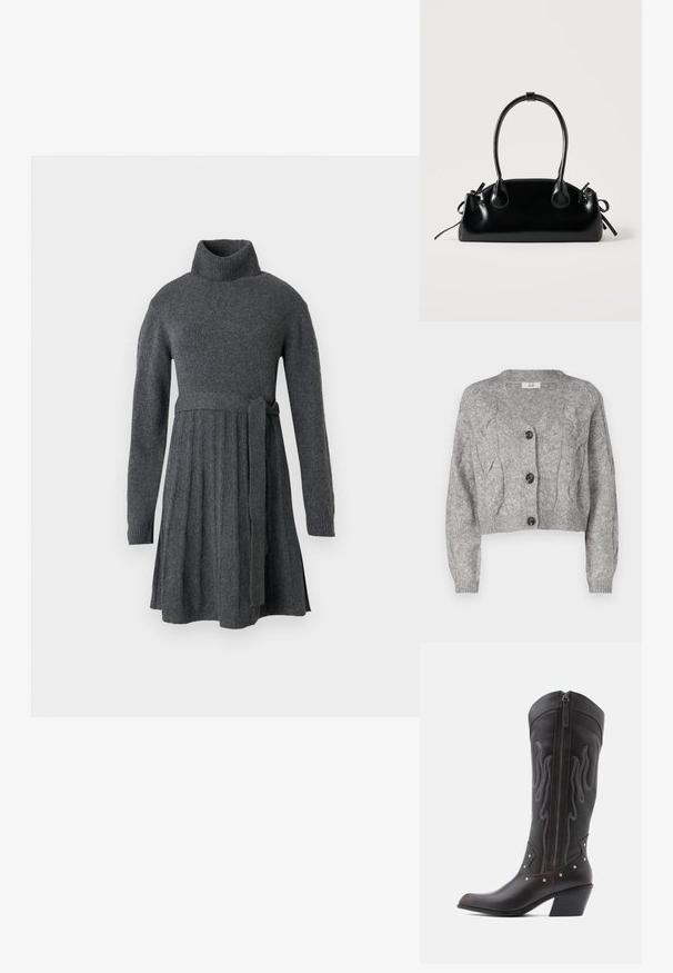 Cárdigan gris de punto con escote en V, que presenta un patrón de punto trenzado, mangas largas y tres botones negros en la parte delantera. Corte cropped.; Vestido de punto gris que presenta un alto cuello de tortuga, mangas largas, una cintura acentuada con un lazo de cinturón y detalles de falda plisada.; Botas de cowboy de cuero marrón con costuras en forma de llama, cremallera lateral, tachuelas plateadas, punta puntiaguda y tacón apilado.; Pequeño bolso negro brillante con dos asas largas y detalles de cordón lateral sobre un fondo claro liso.