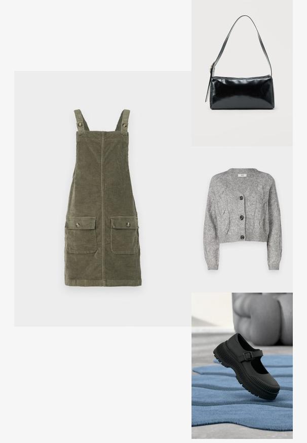 Cardigan gris tricoté avec un col en V, présentant un motif en torsades, des manches longues et trois boutons noirs sur le devant. Coupe courte.; Robe salopette en velours côtelé olive avec bretelles réglables, dotée de deux poches avant et d'une coupe droite. Tissu texturé.; Chaussure noire style Mary Jane avec semelle épaisse nervurée et bride à boucle, reposant sur un tapis bleu texturé avec arrière-plan flou.; Sac d'épaule rectangulaire noir avec une sangle réglable unique et une fermeture éclair supérieure sur un fond uni.
