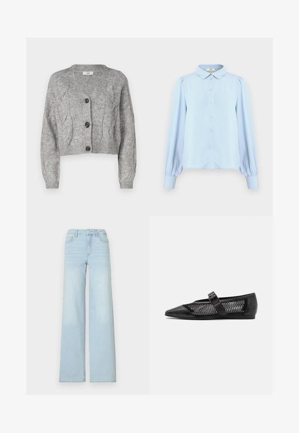 Cardigan gris tricoté avec un col en V, présentant un motif en torsades, des manches longues et trois boutons noirs sur le devant. Coupe courte.; Blouse bleu clair avec un col, fermeture à boutons, manches longues bouffantes et texture lisse. Présente un ourlet droit et des fronces aux épaules.; Jeans wide en denim bleu clair avec un design classique à cinq poches et une fermeture à bouton à l'avant. Présente une légère décoloration sur le devant.; Chaussure plate noire avec un bout pointu, panneaux latéraux en maille et une sangle avec une boucle décorative. Fini lisse sur les sections du bout et du talon.