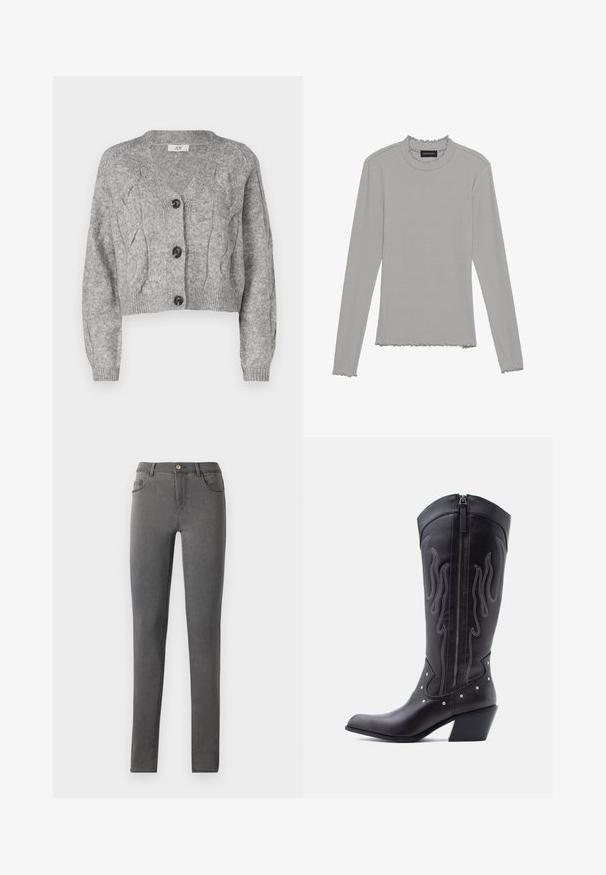 Cardigan gris tricoté avec un col en V, présentant un motif en torsades, des manches longues et trois boutons noirs sur le devant. Coupe courte.; Haut à manches longues de couleur gris clair en tissu côtelé. Il présente un col et un ourlet à volants, avec de subtils détails de couture.; Jean skinny en denim gris avec une coupe ajustée, style cinq poches et une fermeture à bouton métallique unique au niveau de la taille.; Bottes de cow-boy en cuir noir avec bout pointu, coutures apparentes, ornements à clous argentés et fermeture éclair sur le côté intérieur.