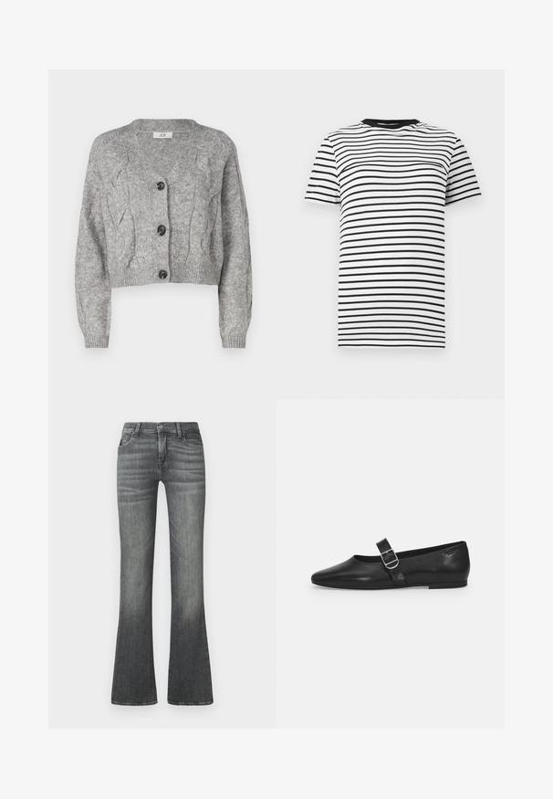 Grijze gebreide cardigan met een V-hals, voorzien van een kabelbreipatroon, lange mouwen en drie zwarte knopen aan de voorkant. Korte pasvorm.; Zwart-witte gestreepte T-shirt van zachte stof. Heeft een ronde hals en korte mouwen, met gelijkmatig verdeelde horizontale strepen.; Grijze flared jeans van denim, met een middelhoge tailleband, subtiele vervaging en klassiek vijf-pocket ontwerp.; Zwarte leren platte schoen met een ronde neus, een enkele verstelbare gespsluiting en een gladde, glanzende textuur. Minimalistisch ontwerp met een lage hak.