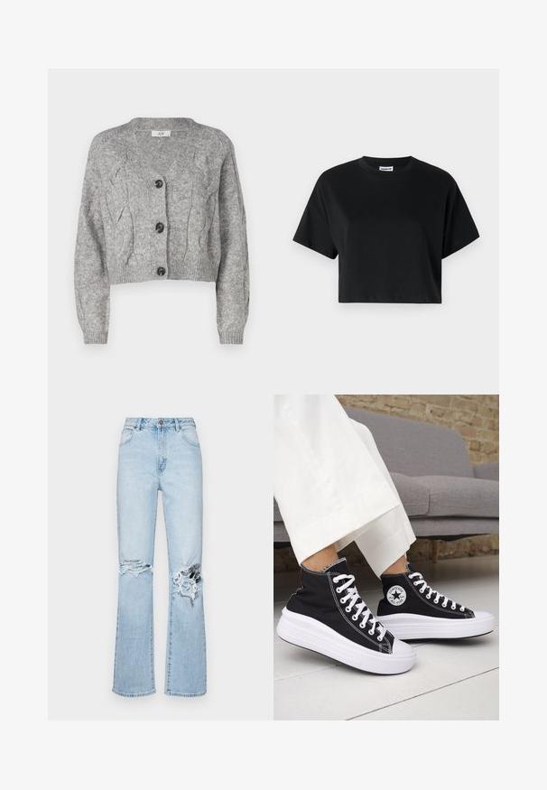 Cárdigan gris de punto con escote en V, que presenta un patrón de punto trenzado, mangas largas y tres botones negros en la parte delantera. Corte cropped.; Camiseta corta negra con mangas cortas, cuello redondo, fabricada en suave tela de algodón, con un diseño minimalista y detalles de costura sutiles.; Jeans de mezclilla de tiro flaco en azul claro con detalles desgastados en las rodillas. Cuenta con cinco bolsillos, trabillas para cinturón y cierre de botón metálico.; Zapatillas altas negras con suelas de goma blancas y cordones blancos. Presentan un parche redondo con logo y costuras blancas contrastantes. Material de lona.