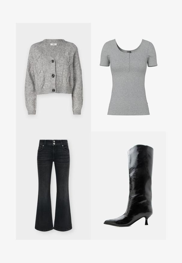 Cárdigan gris de punto con escote en V, que presenta un patrón de punto trenzado, mangas largas y tres botones negros en la parte delantera. Corte cropped.; Top gris de manga corta con costillas, escote en forma de U y cuatro pequeños botones en el centro delantero.; Vaqueros negros de talle alto con efecto acampanado, cierre con doble botón plateado, bolsillos delanteros y aberturas amplias en las piernas sobre un fondo liso.; Bota negra de cuero brillante hasta la rodilla con punta puntiaguda y tacón bajo curvado sobre un fondo claro y liso.