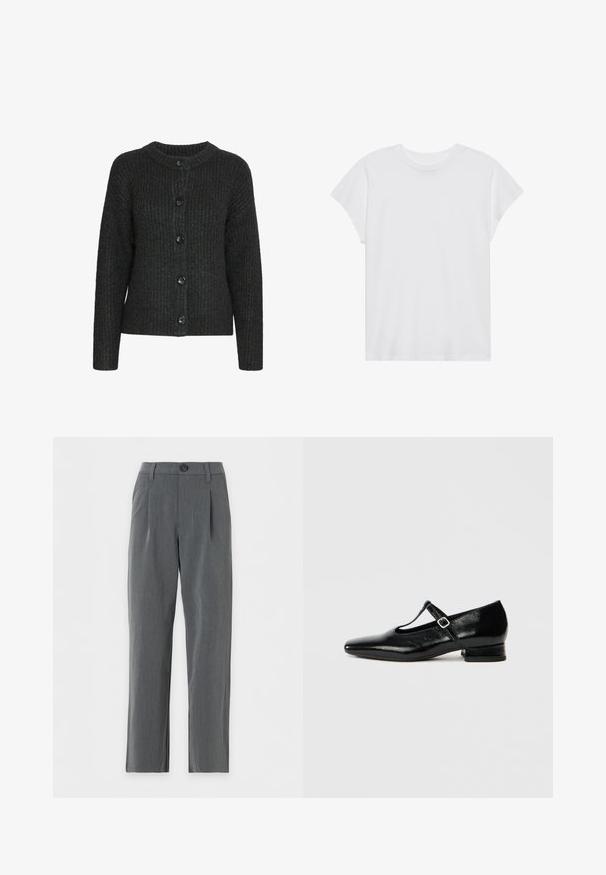 Mørkegrå strikket cardigan med rund hals, ribbet tekstur og seks sorte knapper foran. Lange ærmer med en afslappet pasform.; Hvid kortærmet t-shirt med rund hals, afslappet pasform, lavet af blødt bomuldsstof. Glat tekstur, ingen mønstre eller logoer.; Grå bukser med lige snit, bæltestropper, frontknaplukning og plisseringer nær taljen på hvid baggrund.; Sorte Mary Jane-sko i læder med spids tå, lille blokhæl og justerbar rem med sølvspænde. Glat, blank tekstur.