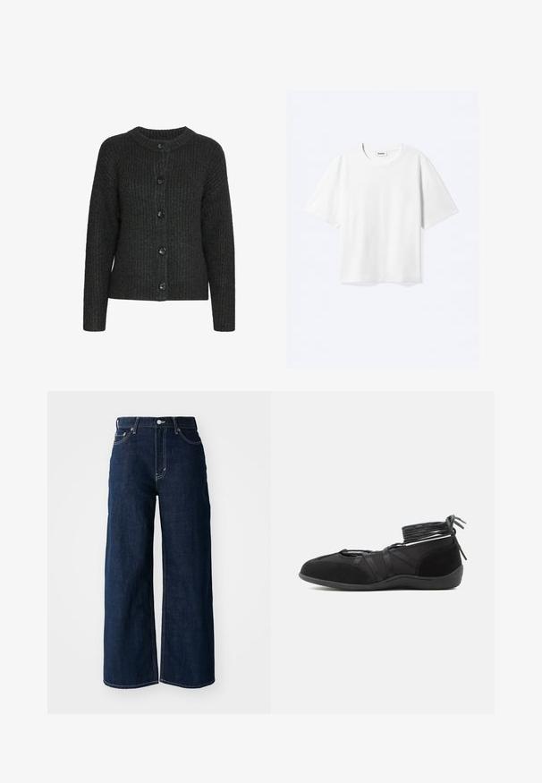 Cardigan en tricot gris foncé avec un col rond, une texture côtelée et six boutons noirs à l'avant. Manches longues avec une coupe décontractée.; T-shirt blanc à manches courtes avec col rond et ourlet droit, étiquette de marque "WEEKDAY" à l’intérieur de l’encolure.; Jeans en denim bleu foncé à jambes larges avec des coutures contrastées, un design à cinq poches et une fermeture à bouton à la taille.; Chaussure plate noire avec brides autour de la cheville et détails en daim, conçue pour un ajustement sûr et un style minimaliste.