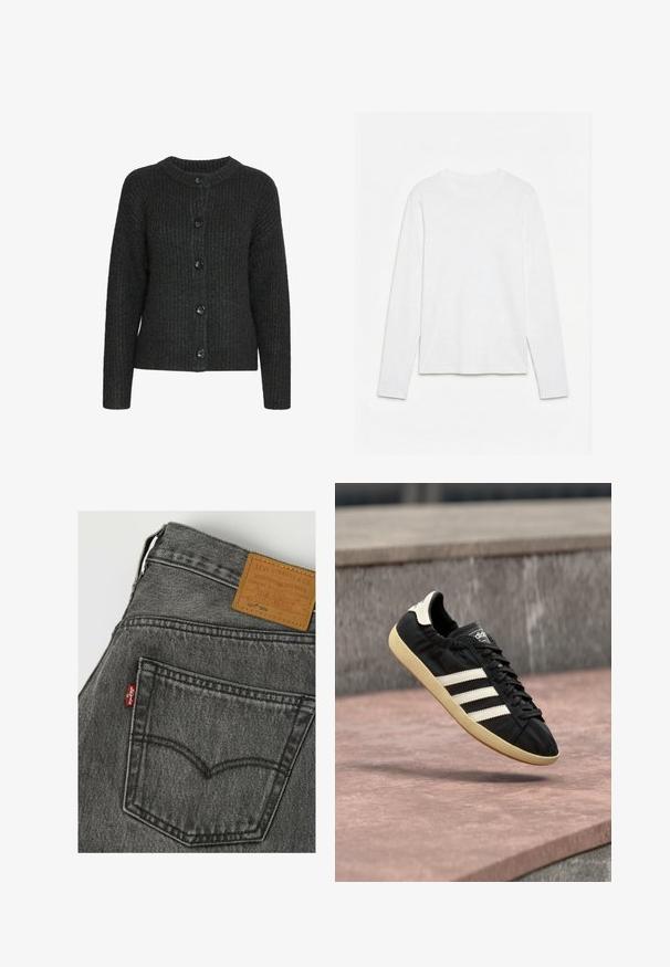 Mørkegrå strikket cardigan med rund hals, ribbet tekstur og seks sorte knapper foran. Lange ærmer med en afslappet pasform.; Helt hvid langærmet t-shirt med rund hals lagt fladt på en hvid overflade, der viser fronten og hele ærmelængden.; Baglomme på grå Levi's jeans med rød Levi's mærke og brun læderlabel på linningen.; Sort Adidas sneaker med hvide striber og beige sål, fanget i luften over en stenet overflade og baggrund af en stenmur.