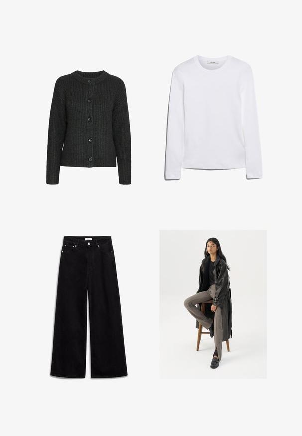 Cardigan en tricot gris foncé avec un col rond, une texture côtelée et six boutons noirs à l'avant. Manches longues avec une coupe décontractée.; T-shirt blanc à manches longues en coton côtelé, avec un col rond et un ourlet droit. Design simple sans motifs ni accents.; Jean large noir en denim, avec une taille haute, cinq poches et des accents en métal argenté. Texture lisse, design épuré.; Manteau trench en cuir noir avec des boutons et une ceinture, associé à un pantalon ajusté marron clair et des mocassins noirs, assis sur un tabouret en bois.