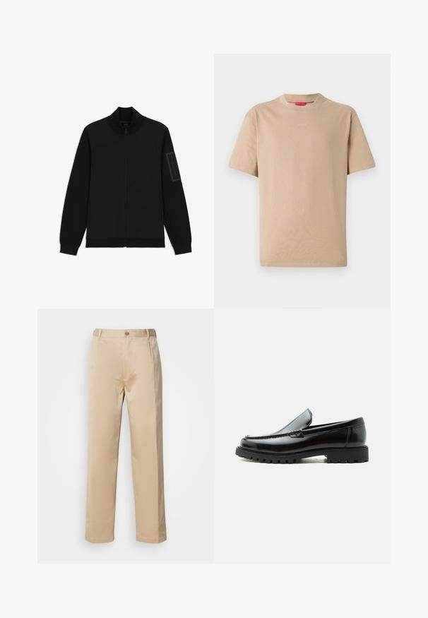 Chaqueta negra con cuello alto, cierre de cremallera, bolsillos laterales, puños acanalados y un bolsillo con cremallera en la manga izquierda. Textura de tejido suave.; Camiseta de algodón beige con mangas cortas, escote redondo y sutil logo "HUGO" en el centro. Textura suave, corte relajado.; Pantalones beige hechos de una tela ligera, con un diseño de pierna recta, cinturilla con trabillas y un solo botón en la parte frontal.; Mocasín de cuero negro con suela de goma gruesa, empeine cosido y nombre de la marca en relieve en el talón, mostrado en perfil lateral sobre fondo blanco.