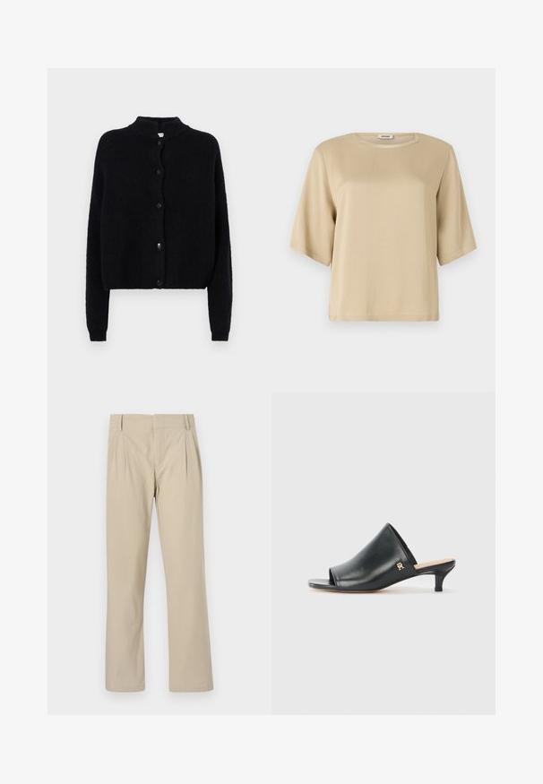 Sort strikjakke med rund hals, frontknaplukning og lange ærmer. Struktureret stof med cropped kant.; Beige bomulds t-shirt med rund halsudskæring, korte ærmer og en afslappet pasform. Glat tekstur uden synlige mønstre eller udsmykninger.; Beige brede benbukser lavet af bomuldsblanding; har folder foran, lige snit og bælteløkker. Glat tekstur, ingen mønstre.; Sorte læder open-toe mules med en lav hæl. Har en glat overflade og et guld logo-prim på siden.