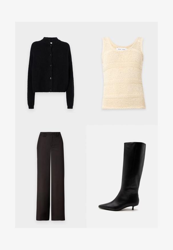 Zwart gebreid vest met een ronde hals, knoopsluiting aan de voorkant en lange mouwen. Geverweven stof met een cropped zoom.; Gebreide, mouwloze tanktop in crèmekleur met een gestructureerd horizontaal streeppatroon en een ronde halslijn.; Zwarte wijde broekspijpen met een vlakke voorkant, riemlussen en een gladde textuur, ontworpen voor een getailleerde pasvorm. Geen zichtbare hardware of patronen.; Zwarte leren kniehoge laars met puntige neus en lage kittenhak tegen een effen lichte achtergrond.
