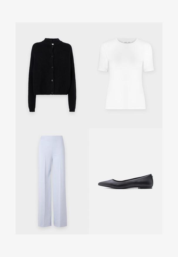 Sort strikjakke med rund hals, frontknaplukning og lange ærmer. Struktureret stof med cropped kant.; Hvid T-shirt med rund hals, korte ærmer, slank pasform og ribbet stofstruktur, vist på en ensfarvet lys grå baggrund.; Lyseblå bredbugede bukser lavet af blødt stof, med en høj talje og frontfolder for ekstra strukturer.; Sort flad lædersko med spidst tåparti og lav hæl, vist i sideprofil mod en hvid baggrund.