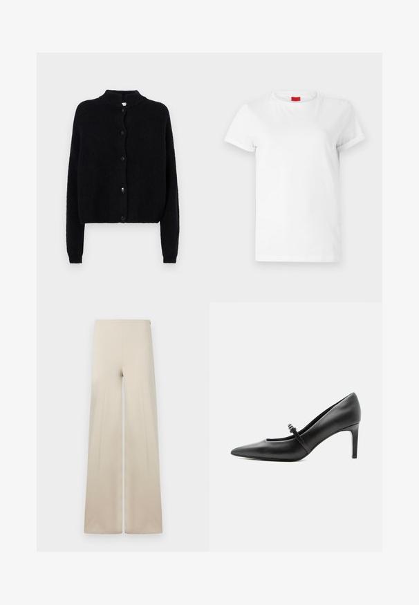 Sort strikjakke med rund hals, frontknaplukning og lange ærmer. Struktureret stof med cropped kant.; Hvid kortærmet t-shirt lavet af letvægts bomuld. Har en rund halsudskæring og rullede ærmer. Rød logoetiket på kraven.; Beige vidde bukser lavet af blødt stof med en glat tekstur. Har en høj elastisk talje for komfort og et rent, minimalistisk design.; Sort læderspids højhælede sko med tynd rem og spænde over vristen, stående på en neutral lys baggrund.