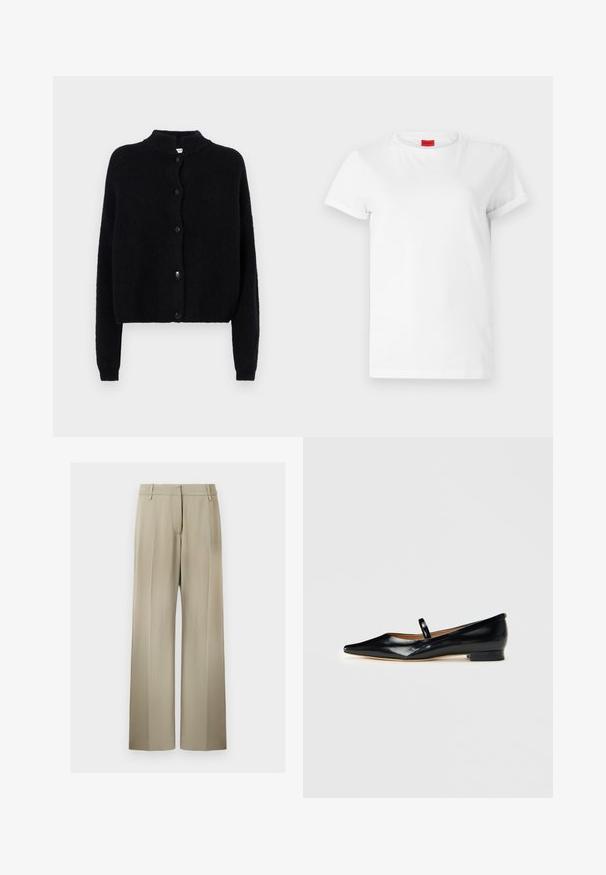 Sort strikjakke med rund hals, frontknaplukning og lange ærmer. Struktureret stof med cropped kant.; Hvid kortærmet t-shirt lavet af letvægts bomuld. Har en rund halsudskæring og rullede ærmer. Rød logoetiket på kraven.; Bredde benbukser i blød beige stof, med en flad front, beltdusk og en glat tekstur. Standard talje med ingen synlige mønstre.; Sorte patenterede læder Mary Jane flade sko med spids tå, én rem og lav hæl på ensfarvet baggrund.