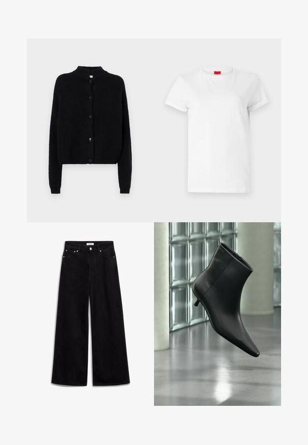 Zwart gebreid vest met een ronde hals, knoopsluiting aan de voorkant en lange mouwen. Geverweven stof met een cropped zoom.; Witte T-shirt met korte mouwen, gemaakt van lichtgewicht katoen. Heeft een ronde hals en opgerolde mouwen. Rode merketiket op de kraag.; Zwarte wijde jeans gemaakt van denim, met een hoge taille, vijf zakken en zilveren hardware accenten. Soepele textuur, strakke ontwerp.; Zwarte leren enkellaars met spits toelopende neus en lage kittenhak, schuin weergegeven tegen een gepolijste vloer en een glazen blokken muur als achtergrond.