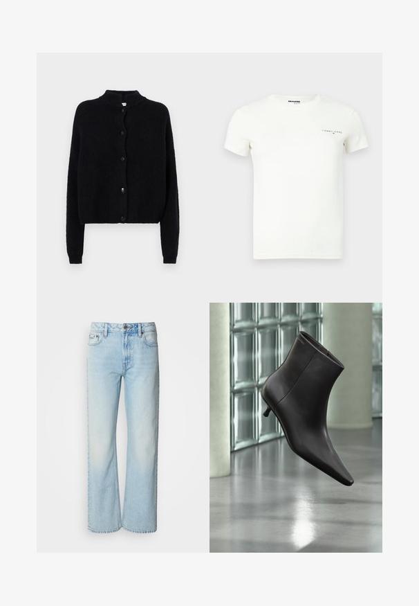 Zwart gebreid vest met een ronde hals, knoopsluiting aan de voorkant en lange mouwen. Geverweven stof met een cropped zoom.; Wit katoenen t-shirt met korte mouwen, een ronde hals en een klein zwart "TOMMY JEANS" logo op de linkerborst.; Lichtblauwe wijde jeans van denim, voorzien van een klassiek vijf-pocket ontwerp en een subtiele vervaagde textuur. Denimstiksels zijn zichtbaar.; Zwarte leren enkellaars met puntige neus en lage hak, afgebeeld tegen een glazen blokkenmuur en gepolijste vloer op de achtergrond.