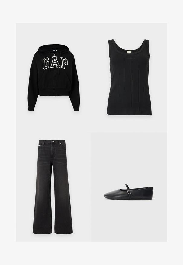 Sweat à capuche noir court avec fermeture éclair, cordons de serrage, poches avant et grand logo GAP blanc sur la poitrine.; Débardeur noir côtelé sans manches avec encolure dégagée et logo "Calvin Klein" sur la poitrine, présenté sur un fond blanc uni.; Jean en denim noir à jambes larges avec fermeture avant par bouton et zip, passants pour ceinture, et style cinq poches.; Ballerines noires en cuir avec un bout pointu, une semelle plate et une petite sangle avec un détail de boucle en argent.