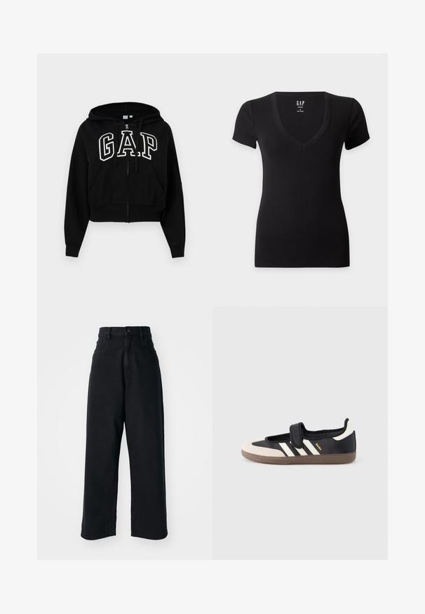 Sweat à capuche noir court avec fermeture éclair, cordons de serrage, poches avant et grand logo GAP blanc sur la poitrine.; T-shirt noir ajusté à manches courtes avec un col en V profond et une étiquette GAP à l’intérieur de l’encolure.; Jean noir taille haute à jambes larges avec poches avant et fermeture à bouton, présenté sur un fond blanc uni.; Baskets noires et beiges avec une bride en velcro, trois bandes blanches sur le côté, et une semelle en caoutchouc marron texturée. Logo de la marque visible.