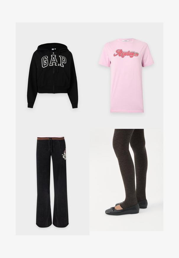 Sweat à capuche noir court avec fermeture éclair, cordons de serrage, poches avant et grand logo GAP blanc sur la poitrine.; T-shirt rose clair à manches courtes avec le texte « Hot & Sweet Replay » et un graphisme de deux fraises au centre de la poitrine.; Pantalon noir à jambes larges avec une ceinture rayée marron et rose, cordon de serrage et broderie florale blanche sur la hanche droite.; Jambes portant des leggings côtelés foncés associés à des ballerines noires avec de petits détails en nœud sur fond blanc.