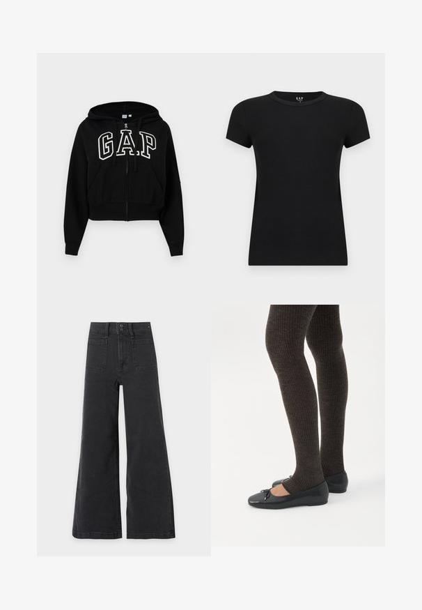 Sweat à capuche noir court avec fermeture éclair, cordons de serrage, poches avant et grand logo GAP blanc sur la poitrine.; T-shirt pour femmes noir à manches courtes avec col rond et coupe ajustée, présenté sur un fond clair uni.; Jean noir taille haute à jambes larges avec poches plaquées devant et fermeture à double bouton.; Jambes portant des leggings côtelés foncés associés à des ballerines noires avec de petits détails en nœud sur fond blanc.