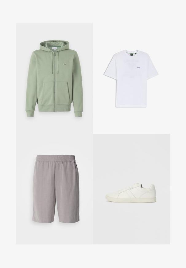 Lys grøn zip-up hoodie lavet af blødt stof. Har en hætte med snoretræk, kenguruposer og et lille logo på brystet.; Hvid kortærmet T-shirt med rund hals og lille blåt "BOSS" logo på venstre bryst, vist på ensfarvet hvid baggrund.; Calvin Klein PULL ON - Shorts - steeple gray; Lave hvide lædersneakers med snørebånd og flad gummisål, set fra indersiden på en ensfarvet baggrund.