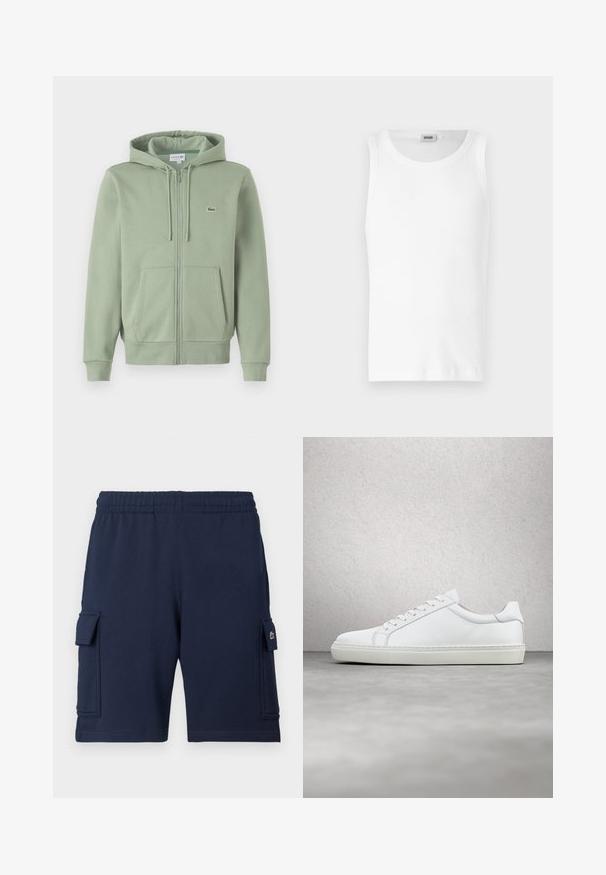 Lys grøn zip-up hoodie lavet af blødt stof. Har en hætte med snoretræk, kenguruposer og et lille logo på brystet.; Hvid bomulds tanktop uden ærmer med rund halsudskæring og en glat tekstur. Enkel design, ingen mønstre eller accenter.; Marineblå cargoshorts lavet af blødt stof, med elastisk taljebånd, to sidelommer og et lille logo på venstre lomme.; Hvide sneakers med en glat læderoverdel og lav profil. Har en rund tå, seks snørehuller og en tekstureret gummisål.