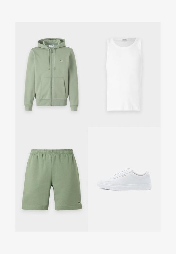 Hellgrünes Reißverschluss-Hoodie aus weichem Material. Verfügt über eine Kordelzugkapuze, Kängurutaschen und ein kleines Logo auf der Brust.; Weißes Baumwoll-Tanktop ohne Ärmel mit Rundhalsausschnitt und glatter Textur. Einfaches Design, ohne Muster oder Akzente.; Grüne Baumwollshorts mit elastischem Bund, lässiger Passform und kleinem gesticktem Logo auf der unteren linken Seite. Glatte Textur, keine Taschen.; Weiße Leder-Sneaker mit glatter Textur, runder Zehenpartie und tonal abgestepptem Design. Mit blauen Schnürsenkeln und einem goldenen Logo an der Seite.