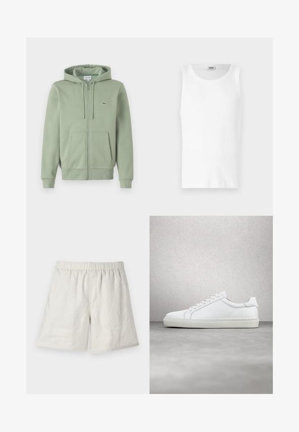Haut à capuche zippé vert clair en tissu doux. Comprend une capuche avec cordon de serrage, des poches kangourou et un petit logo sur la poitrine.; Débardeur en coton blanc sans manches avec un col rond et une texture lisse. Design simple, sans motifs ni accents.; Shorts en lin beige clair avec une taille élastique, présentant une coupe décontractée et des coutures minimales pour un design simple et décontracté.; Sneaker blanche avec une tige en cuir lisse et un profil bas. Présente un bout arrondi, six œillets et une semelle en caoutchouc texturé.