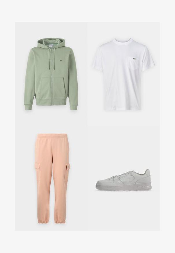 Lys grøn zip-up hoodie lavet af blødt stof. Har en hætte med snoretræk, kenguruposer og et lille logo på brystet.; Hvid bomulds T-shirt med rund halsudskæring og korte ærmer. Har en lomme på venstre bryst og et lille grønt Lacoste-logo.; Lyserøde bomuldsjoggers med elastisk talje, ribbede manchetter, to sidelommer og et lille logo-patch på en af lommerne.; Hvid lav Lacoste sneaker med snørebånd, præget logo på siden og tekstureret sål på en ensfarvet baggrund.