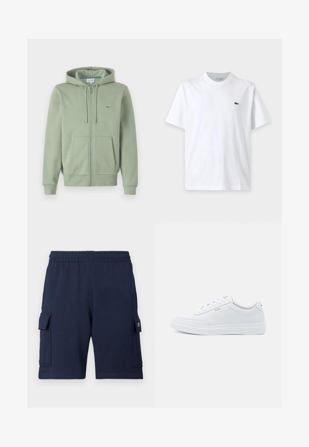 Lys grøn zip-up hoodie lavet af blødt stof. Har en hætte med snoretræk, kenguruposer og et lille logo på brystet.; Simpel hvid t-shirt med korte ærmer, rund hals og lille grønt krokodillelogo på venstre bryst.; Marineblå cargoshorts lavet af blødt stof, med elastisk taljebånd, to sidelommer og et lille logo på venstre lomme.; Hvide lædersneakers med glat tekstur, rund tå og ton-i-ton syning. Har blå snørebånd og et gult logo på siden.