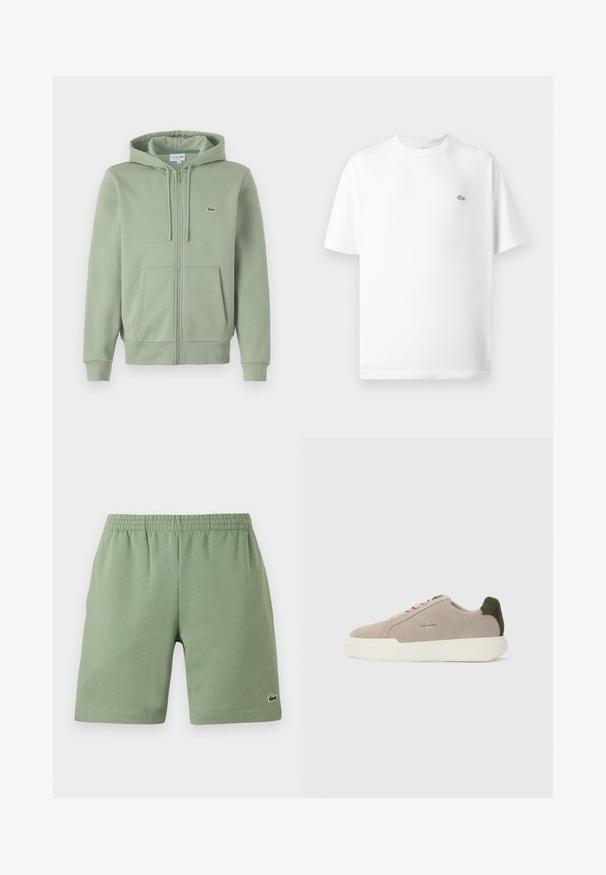 Lichtgroene rits hoodie gemaakt van zachte stof. Bevat een capuchon met trekkoord, marsupiao pockets en een klein logo op de borst.; Witte katoenen t-shirt met een ronde hals en korte mouwen. Bevat een klein zwart Lacoste-logo aan de linkerkant van de borst.; Groene katoenen shorts met een elastische tailleband, ontspannen pasvorm en een klein geborduurd logo aan de onderkant aan de linkerzijde. Gladde textuur, geen zakken.; Beige suède sneakers met een witte rubberen zool, voorzien van een donkergroene hielaccent en subtiele branding aan de zijkant.