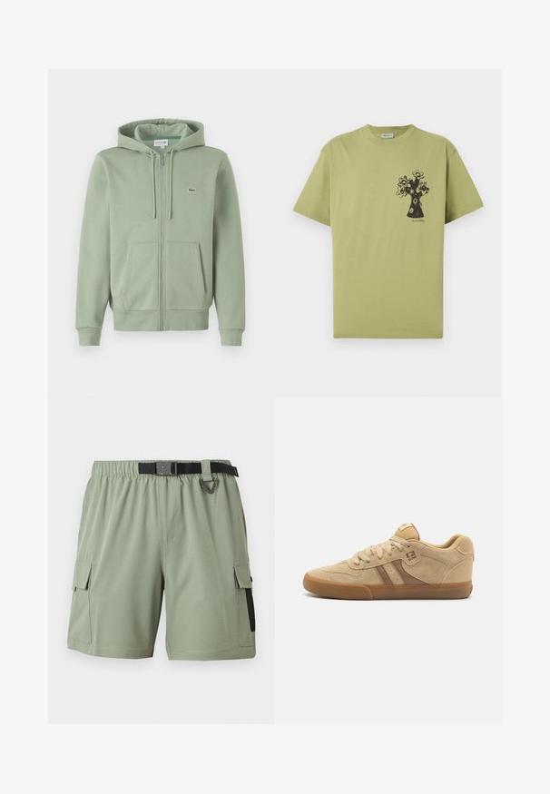 Lichtgroene rits hoodie gemaakt van zachte stof. Bevat een capuchon met trekkoord, marsupiao pockets en een klein logo op de borst.; Lichtgroen T-shirt met korte mouwen en een zwarte abstracte bloemboomgrafiek op het linkerborstgebied, met kleine tekst onder het ontwerp.; Lichtgroene cargoshorts met elastische tailleband, zwarte verstelbare riem en zijflapzakken met mesh-detail aan één kant.; Tan suede sneakers hebben een ronde neus, vetersluiting en een bruine accentstreep. Rubberen zool met een gestructureerde grip. Eenvoudig logo aan de zijkant.