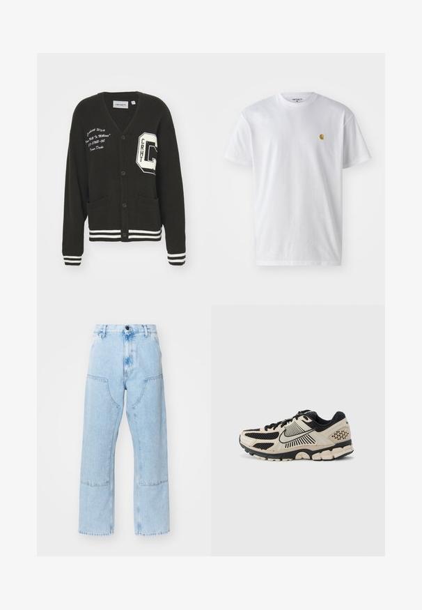 Cárdigan negro con escote en V, frente abotonado, dos bolsillos, acentos blancos y detalles de logo bordado en el pecho y la manga. Material de lana.; Camiseta de algodón blanca con mangas cortas, cuello redondo, que presenta un pequeño logo dorado en la parte izquierda del pecho. Textura suave y corte regular.; Jean de mezclilla de pierna recta en azul claro, con grandes bolsillos frontales y costuras en contraste. La tela tiene una textura desvaída y suave.; Zapatilla de correr Nike en crema y negro. Cuenta con parte superior de malla, detalles texturizados, suela exterior gruesa de goma y un diseño notable en la entresuela.