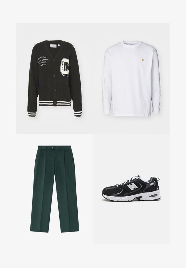 Cárdigan negro con escote en V, frente abotonado, dos bolsillos, acentos blancos y detalles de logo bordado en el pecho y la manga. Material de lana.; Camiseta de manga larga blanca de algodón. Cuenta con un pequeño logo dorado en el pecho y un cuello redondo. Diseño simple y corte estándar.; Pantalones de pana verde de corte relajado, con pliegues frontales, cierre de botón y bolsillos laterales.; Zapatillas deportivas en negro y gris con parte superior de malla y ante, que cuentan con una entresuela blanca, cordones y un llamativo logo "N" en el lateral.