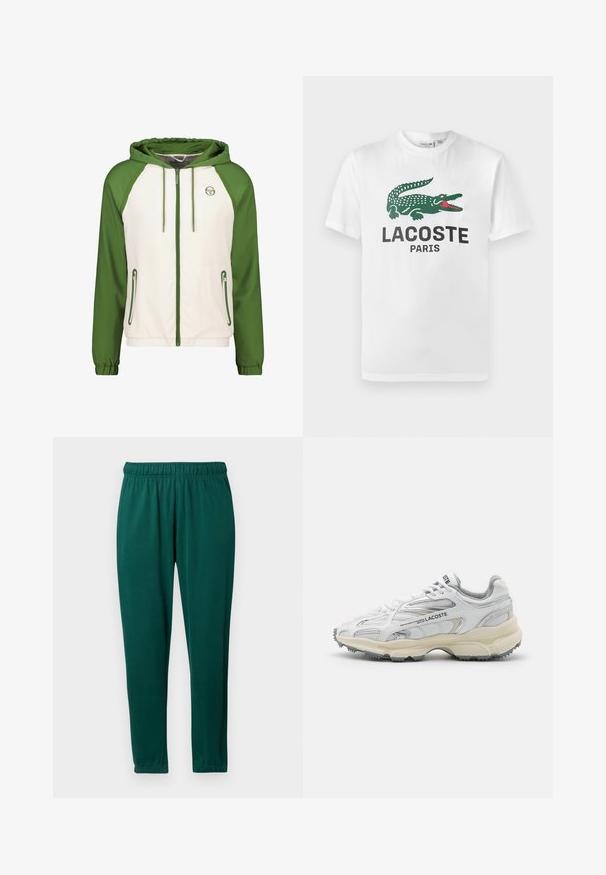 Kapuzenshirt mit weißem Körper und grünen Ärmeln, durchgehendem Reißverschluss auf der Vorderseite, zwei seitlichen Reißverschlusstaschen und elastischen Bündchen. Glatte Stoffoberfläche.; Lacoste T-Shirt print - white; Grüne Jogginghose aus weichem Stoff, mit elastischem Bund, schmal zulaufenden Beinen und glatter Textur. Keine sichtbaren Muster oder Akzente.; Weiße Sportschuhe mit grauen Akzenten, Obermaterial aus Mesh und Synthetik, Schnürdesign und rutschfester Gummisohle mit Strukturmustern.