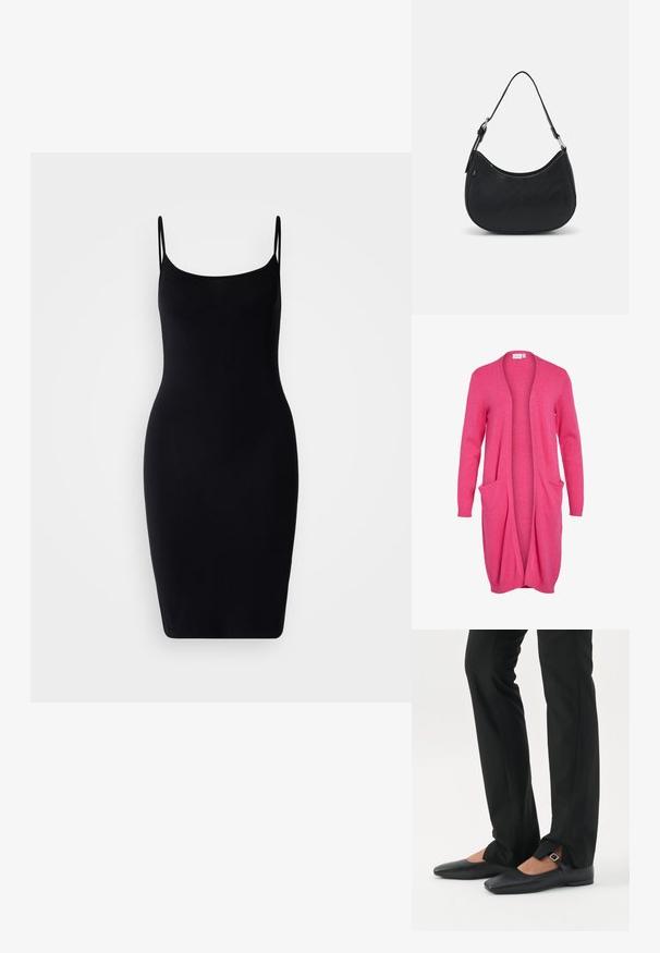 Lang åben cardigan i lys pink. Fremstillet af blødt materiale med ribbede manchetter og to frontlommer. Casual, afslappet pasform.; Sort, tætsiddende glidende kjole med spaghetti-stropper, lavet af glat stof; enkel, elegant design, knælang silhuet med lige kant.; Ben iført sorte smalle bukser med forreste slidser ved kanten, parret med sorte flade Mary Jane-sko med lille spænde.; Sort hobo taske lavet af glat læder med en buet silhuet, der har en enkelt justerbar skulderrem og minimalistiske designdetaljer.