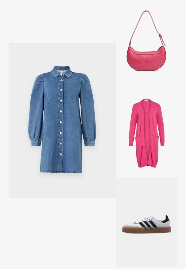 Langer, offen front cardigan in strahlendem Pink. Aus weichem Stoff mit gerippten Bündchen und zwei vorderen Taschen. Lässige, lockere Passform.; Denimkleid mit langen Puffärmeln, Knopfleiste, Kragen und geradem Schnitt. Blauer Stoff mit glatter Textur.; Weiße Leder Sneakers mit schwarzen Streifen, Gummigummi-Außensohle, runder Zehenform, Schnürverschluss und weichem grauem Wildleder-Zehenkappe.; Rosa Lederhandtasche mit einer geschwungenen Form, einem einzigen verstellbaren Schulterriemen und einem Reißverschluss oben. Strukturierte Oberfläche mit sichtbaren Falten.