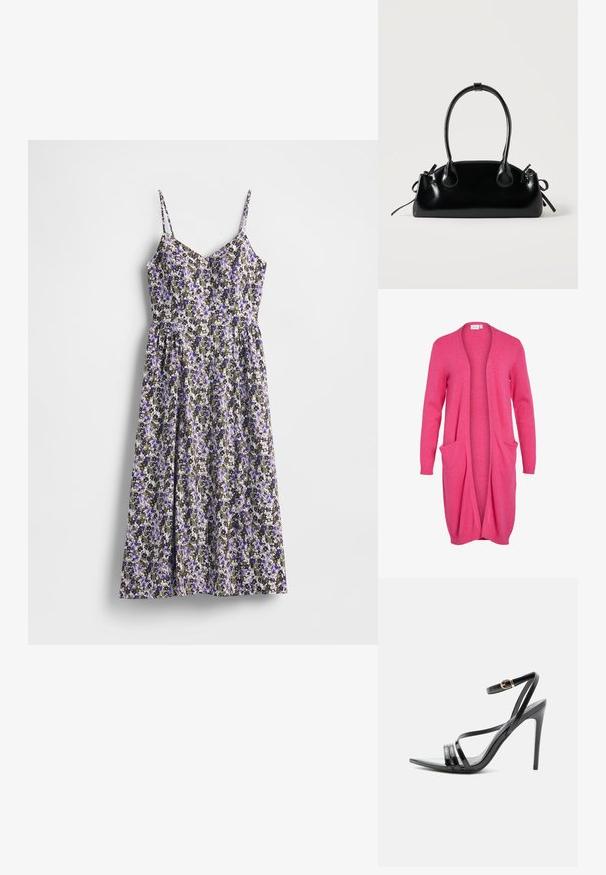 Cárdigan largo abierto en un vibrante color rosa. Fabricado con una tela suave, con puños acanalados y dos bolsillos frontales. Corte casual y relajado.; Vestido floral con tirantes delgados ajustables, con un pequeño patrón de flores moradas y negras sobre un fondo claro, tela fluida, silueta en línea A.; Sandalia negra de tacón alto con finas tiras sobre los dedos y el tobillo, con una hebilla dorada en un tacón stiletto delgado.; Pequeño bolso negro brillante con dos asas largas y detalles de cordón lateral sobre un fondo claro liso.
