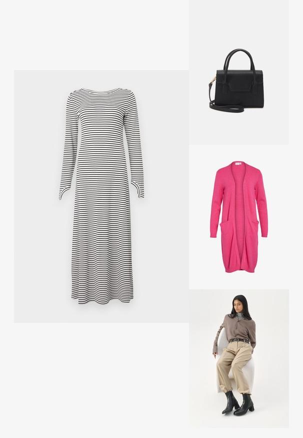 Lange, open voorkant cardigan in felroze. Gemaakt van zachte stof met ribgebreide manchetten en twee voorzakken. Casual, relaxte pasvorm.; Langslaf jurkje met horizontale zwart-witte strepen, gemaakt van zachte stof met een rechte snit en een ronde halslijn.; Vrouw met lang zwart haar die leunt op een witte gebogen stoel, gekleed in een taupekleurige blouse, beige broek, zwarte riem en zwarte enkellaarzen met hak.; Zwarte gestructureerde handtas van leer met een bovenhandvat, een afneembare schouderriem en een voorflapdetail. Gouden hardwareaccenten.