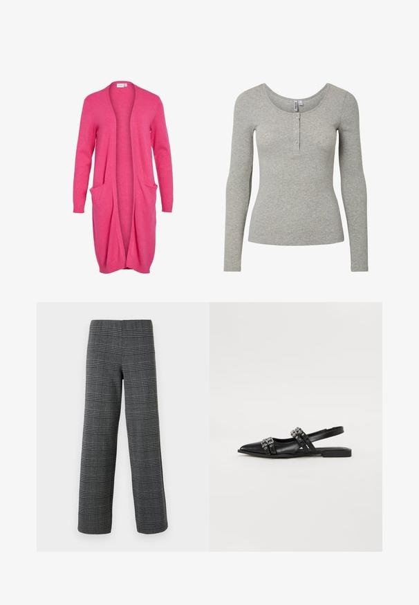 Lange, open voorkant cardigan in felroze. Gemaakt van zachte stof met ribgebreide manchetten en twee voorzakken. Casual, relaxte pasvorm.; Lichtgrijs geribd shirt met lange mouwen, ronde halslijn en een knoopsluiting met vier knopen, aansluitende pasvorm en zachte gebreide stof.; Vero Moda VMBERLIN WIDE PANT - Broek - dark grey/black; Even&Odd Slingback ballerina´s - black