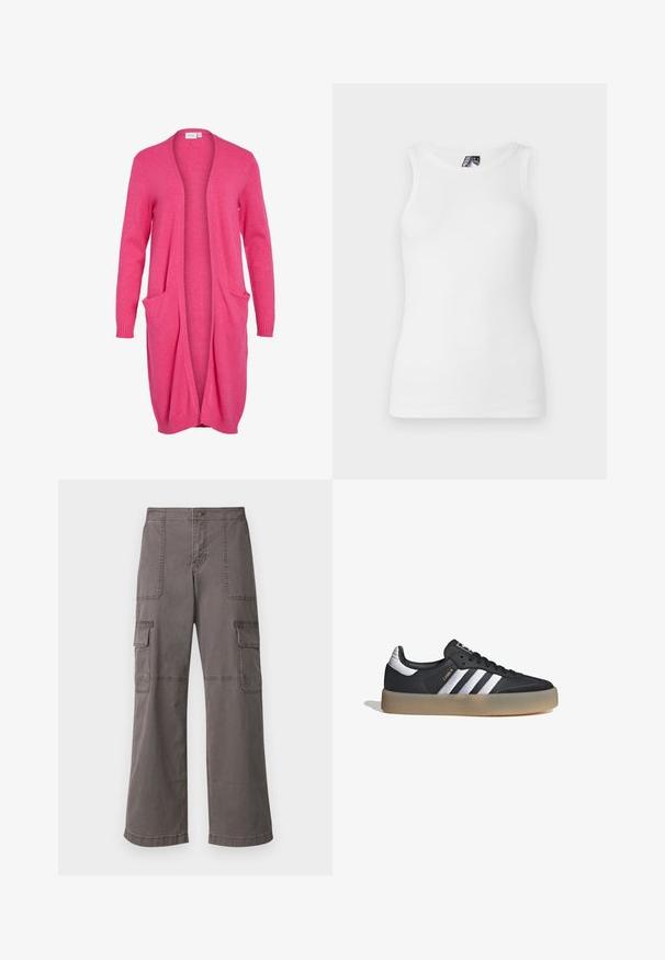 Cárdigan largo abierto en un vibrante color rosa. Fabricado con una tela suave, con puños acanalados y dos bolsillos frontales. Corte casual y relajado.; Top de tirantes blanco con canalé, que presenta un escote redondo y un diseño sin mangas, hecho de una suave mezcla de algodón con una silueta ajustada.; Pantalones de carga grises de algodón con un diseño de pierna ancha, que cuentan con dos bolsillos delanteros, dos bolsillos laterales y detalles de costura visibles.; Zapatilla deportiva de cuero negro con tres rayas plateadas, punta texturizada y suela de goma. Cuenta con un collar acolchado y un diseño con cordones.