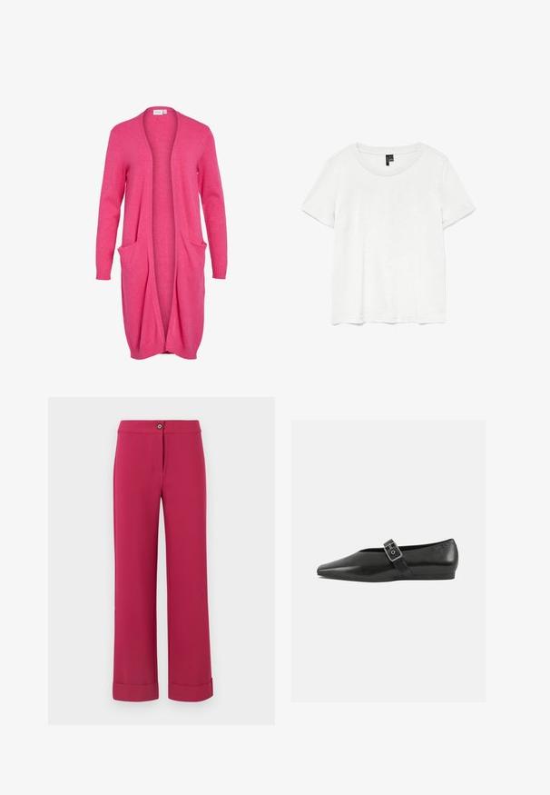 Langer, offen front cardigan in strahlendem Pink. Aus weichem Stoff mit gerippten Bündchen und zwei vorderen Taschen. Lässige, lockere Passform.; Weißes T-Shirt mit kurzen Ärmeln und rundem Ausschnitt, hergestellt aus leichtem Stoff. Schlichtes Design, glatte Textur und gerader Saum.; Fuchsiaweite Hosen mit glatter Textur, die mit einem vorderen Knopfverschluss und umgeschlagenen Säumen am Saum ausgestattet sind.; Schwarze Lederflachschuhe mit spitzem Zehenbereich, ausgestattet mit einem metallischen Riemen über dem Spann und einer niedrigen, flexiblen Sohle.