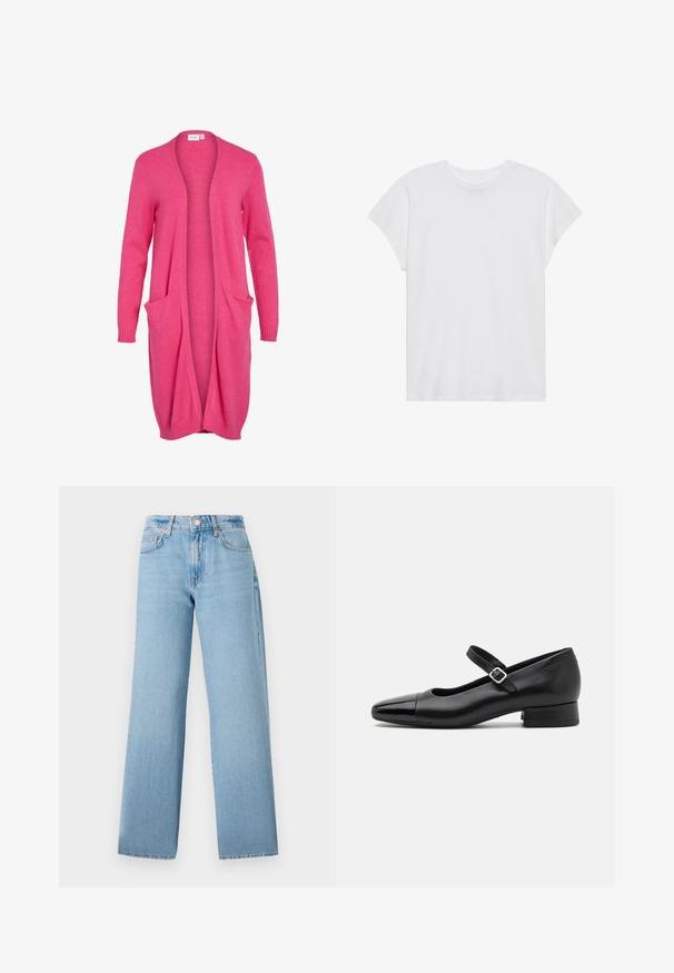 Lange, open voorkant cardigan in felroze. Gemaakt van zachte stof met ribgebreide manchetten en twee voorzakken. Casual, relaxte pasvorm.; Witte t-shirt met korte mouwen, ronde hals, relaxte pasvorm, gemaakt van zacht katoen. Glad textuur, geen patronen of logo's.; Lichtblauwe wijde jeans gemaakt van denim, met een hoge taille, vijfzakken ontwerp en een knoopsluiting met een ritssluiting.; Zwarte leren Mary Jane schoenen met een gepatenteerde neus, verstelbare enkelband en lage blokhak. Een gladde textuur en een elegante uitstraling.