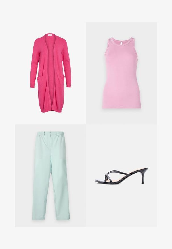 Lange, open voorkant cardigan in felroze. Gemaakt van zachte stof met ribgebreide manchetten en twee voorzakken. Casual, relaxte pasvorm.; Roze tanktop met een aansluitend ontwerp, voorzien van een ronde halslijn en ribbeltextuur. Geen patronen of accenten aanwezig.; Licht mintgroene broek met een elastische tailleband, een voorkant knoopsluiting, twee voorzakken en rechte pijpen. Gladde stoftextuur.; Zwarte laklederen sandaal met hakken, dunne gekruiste bandjes en een slanke, middelhoog stilettohak op een witte achtergrond.
